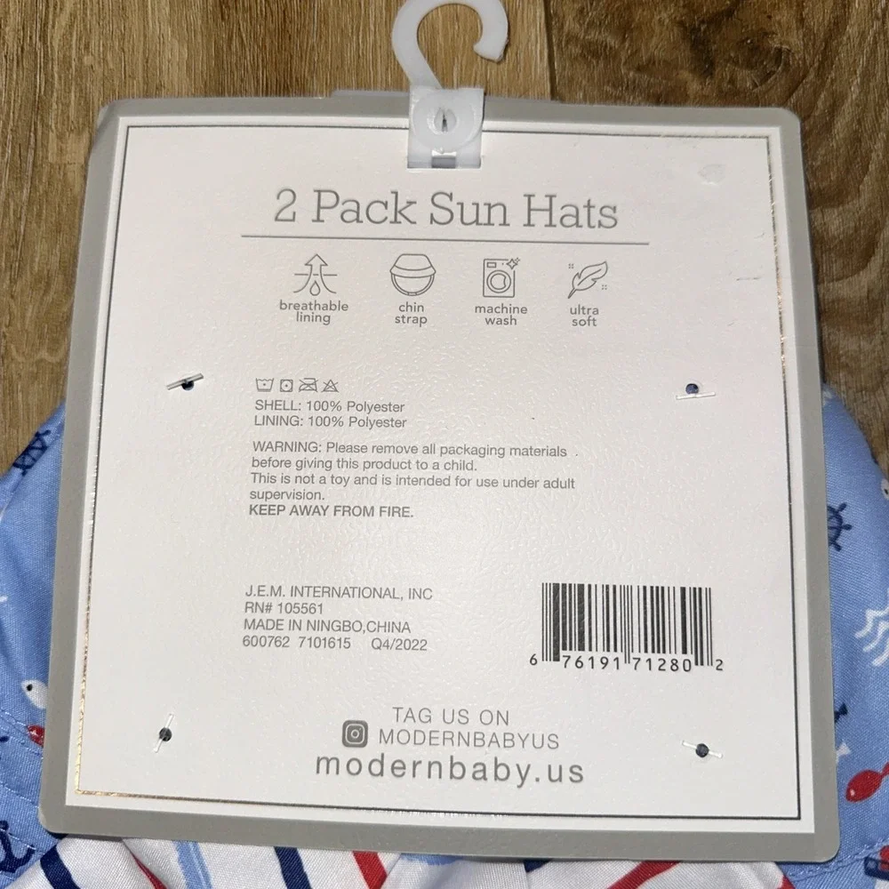 Modern Baby 2 Pack Sun Hats Breathable Lining Chin Strap Wide Brim 12-18 Mo UPF‎